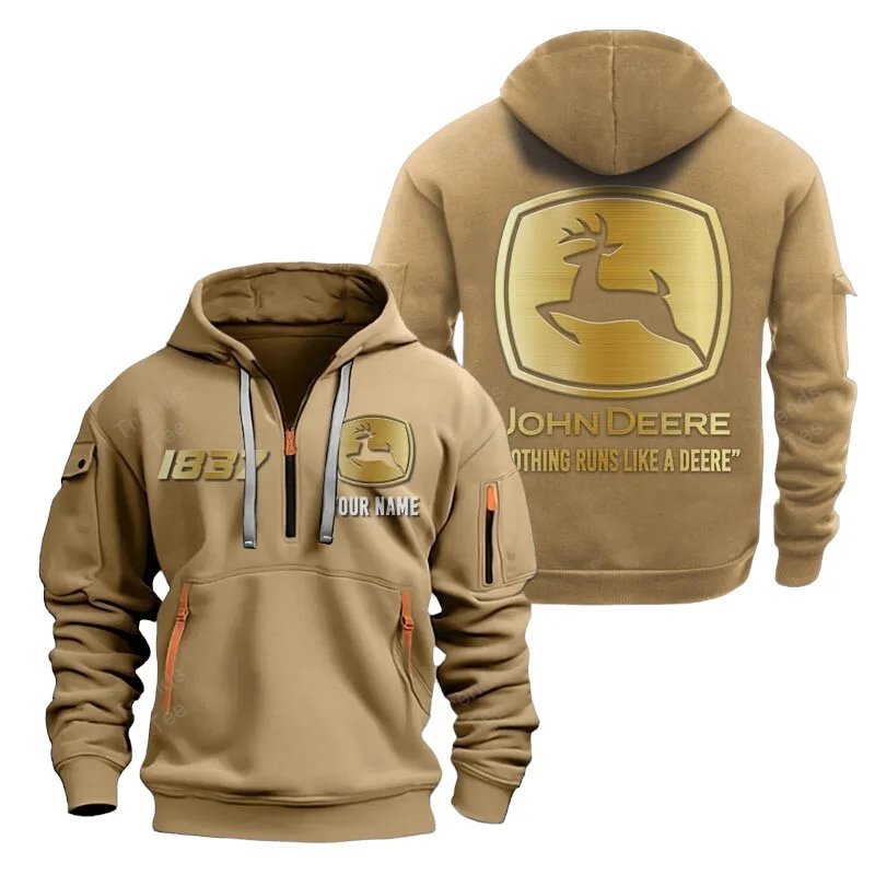 Khaki Color Special Release Farmer John Deere Tractor Fashion Hoodie Half Zipper QTFA180724A10