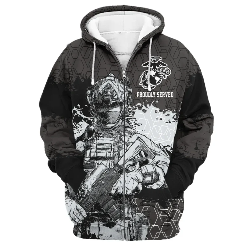 Proudly Served Hexagon Pattern Veteran U.S. Marine Corps Apparel All Over Prints BLVTR210824A1MC - Zip Hoodie