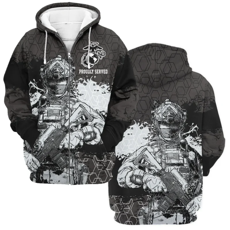 Proudly Served Hexagon Pattern Veteran U.S. Marine Corps Apparel All Over Prints BLVTR210824A1MC - Zip Hoodie