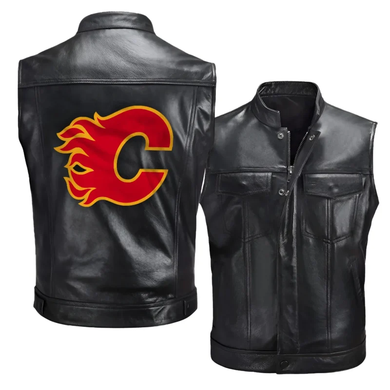 Collection Release Calgary Flames National Hockey League Zipper Sleeveless Leather Jackets BLNHL260824A5CF