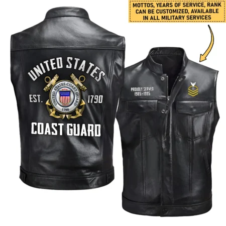 Personalized Proudly Served Est. U.S. Coast Guard Zipper Sleeveless Leather Jackets BLVTR070824A2CG