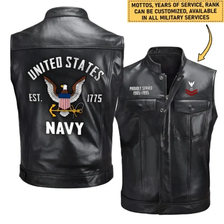 Personalized Proudly Served Est. U.S. Navy Zipper Sleeveless Leather Jackets BLVTR070824A2NV