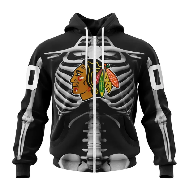 NHL Personalized Name And Number, Chicago Blackhawks Special Skeleton Costume For Halloween,QTNHL Personalized Name And Number,080524B2037