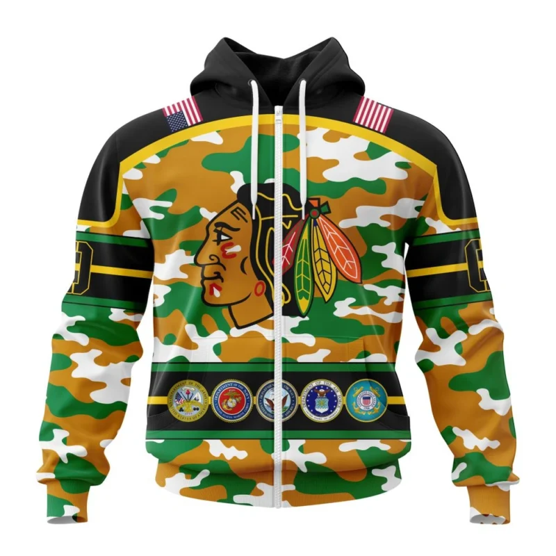 NHL Chicago Blackhawks, Specialized Design Wih Camo Team Color And Military Force Logo,QTNHL 080524B3544