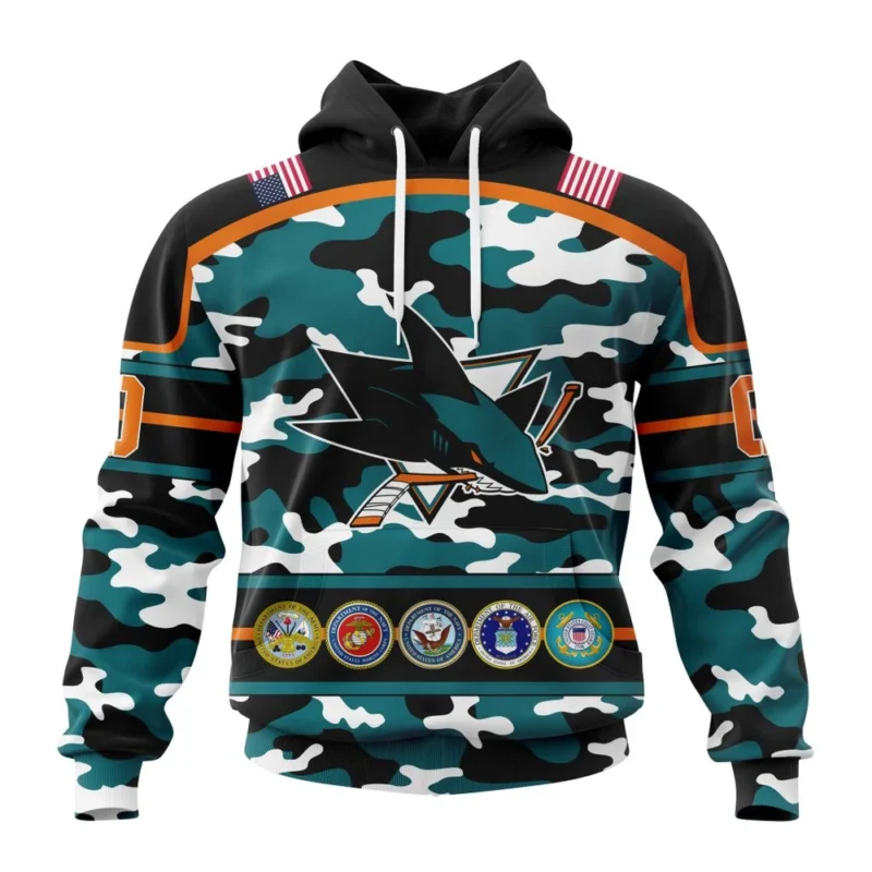 NHL San Jose Sharks, Specialized Design Wih Camo Team Color And Military Force Logo,QTNHL080524A3527