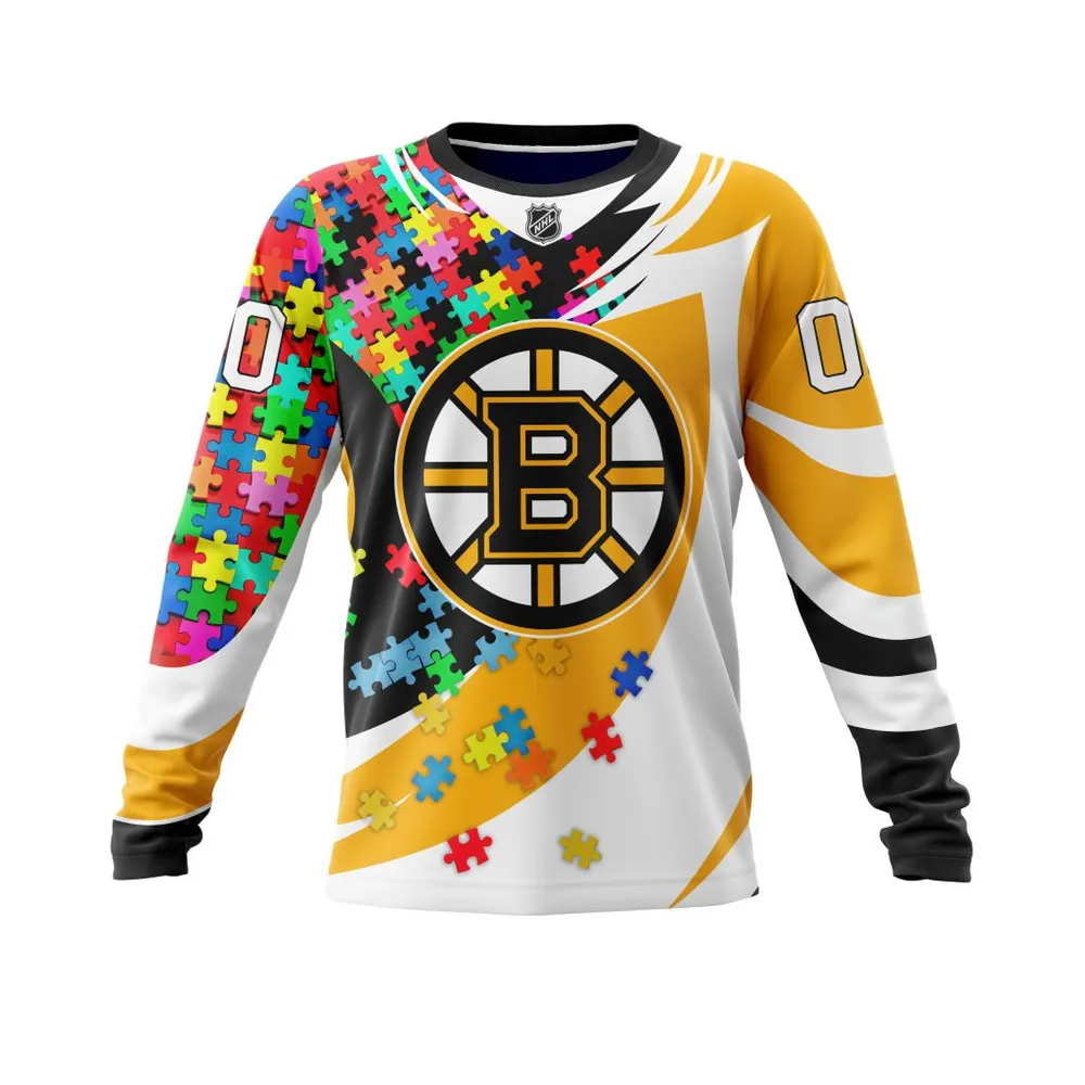 Boston Bruins Autism Awareness L Personalized Name & Number V0122 Long Sleeved Sweatshirt 