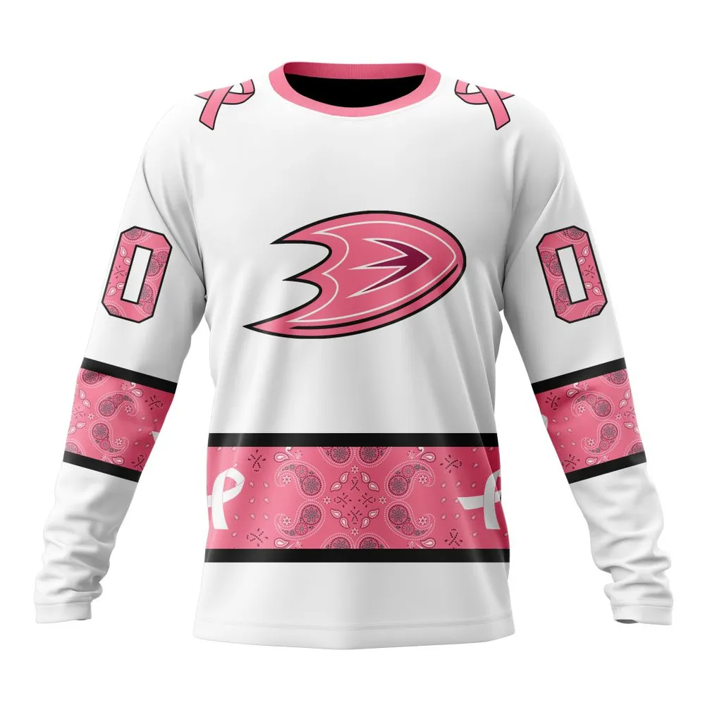 NHL Anaheim Ducks In Classic Style With Paisley! In October We Wear Pink Breast Cancer Long Sleeved Sweatshirt 