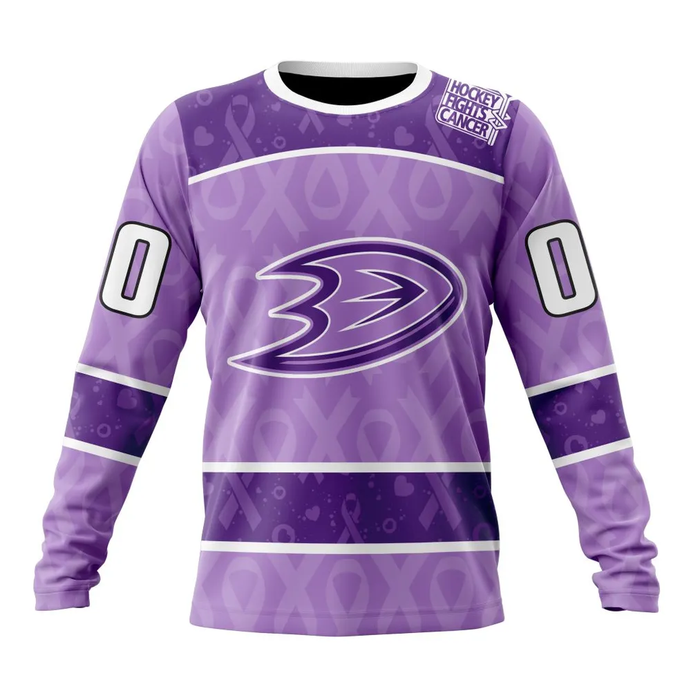 NHL Anaheim Ducks New Lavender Hockey Fight Cancer St2301 Long Sleeved Sweatshirt 