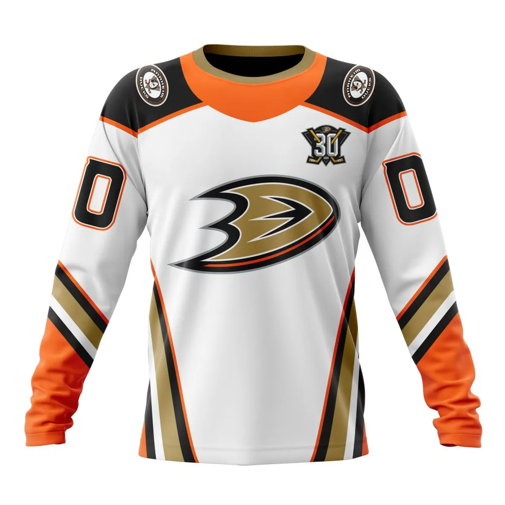 NHL Anaheim Ducks Personalized Away With 30Th Anniversary Logo Long Sleeved Sweatshirt 