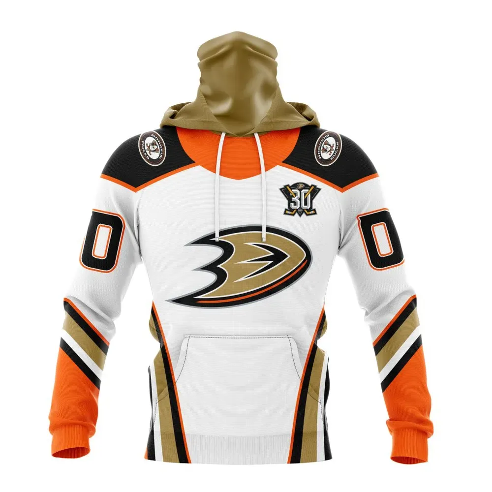 NHL Anaheim Ducks Personalized Away With 30Th Anniversary Logo Mask Hoodie