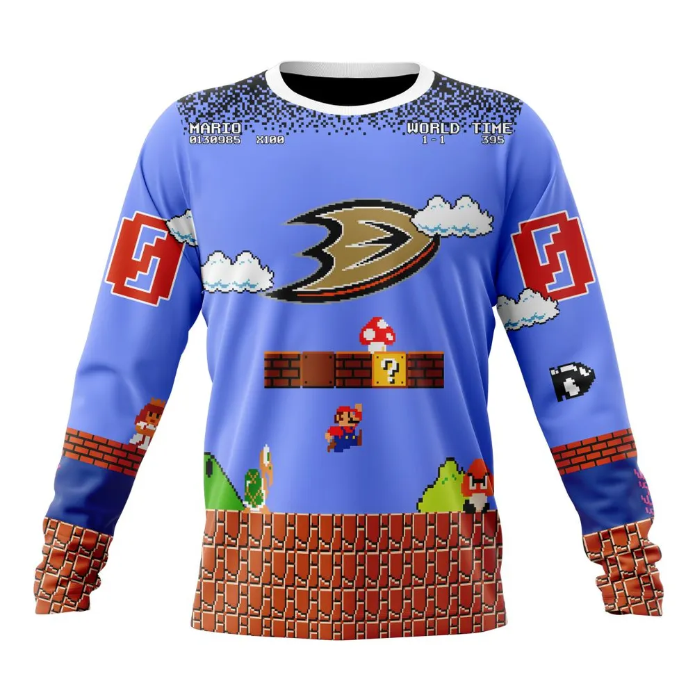 NHL Anaheim Ducks Special Kits With Super Mario Game Design Long Sleeved Sweatshirt 