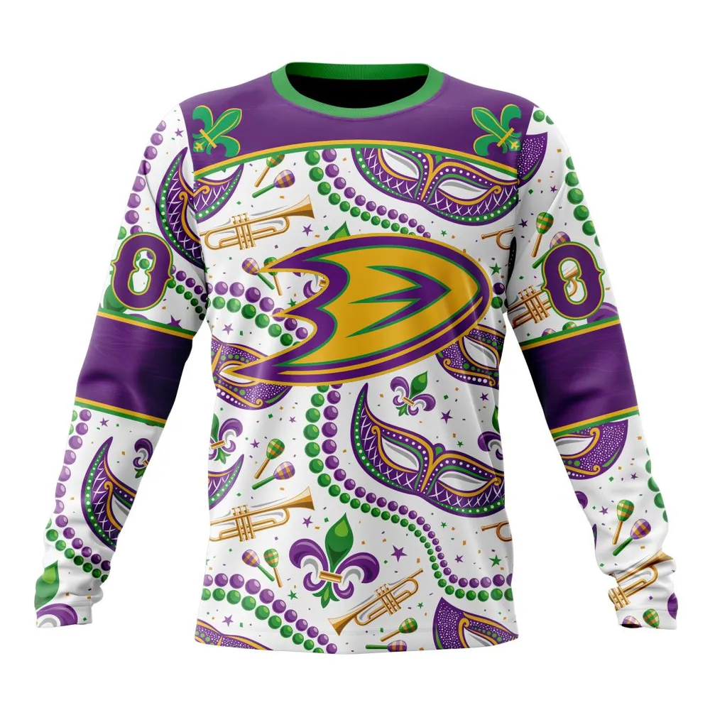 NHL Anaheim Ducks Special Mardi Gras Design St2401 Long Sleeved Sweatshirt 