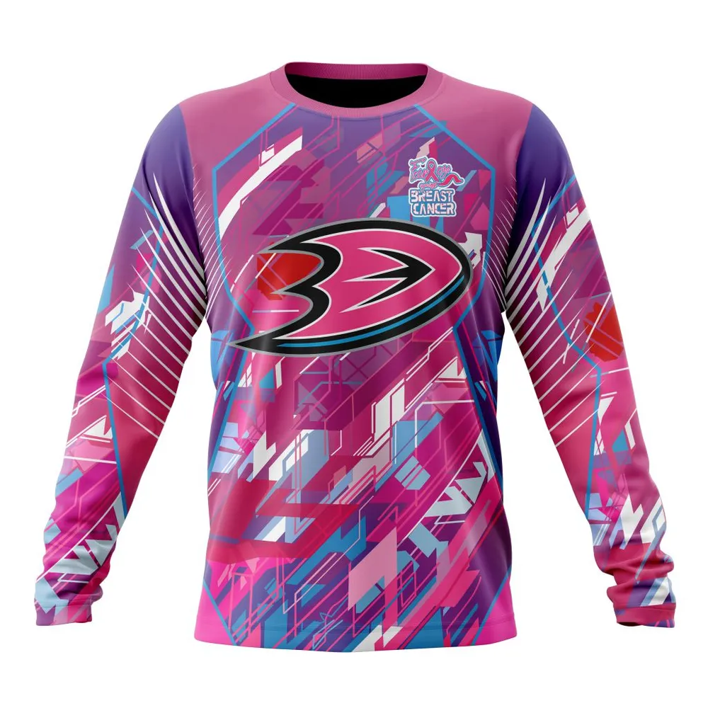 NHL Anaheim Ducks | Specialized Design I Pink I Can! Fearless Again Breast Cancer Long Sleeved Sweatshirt 