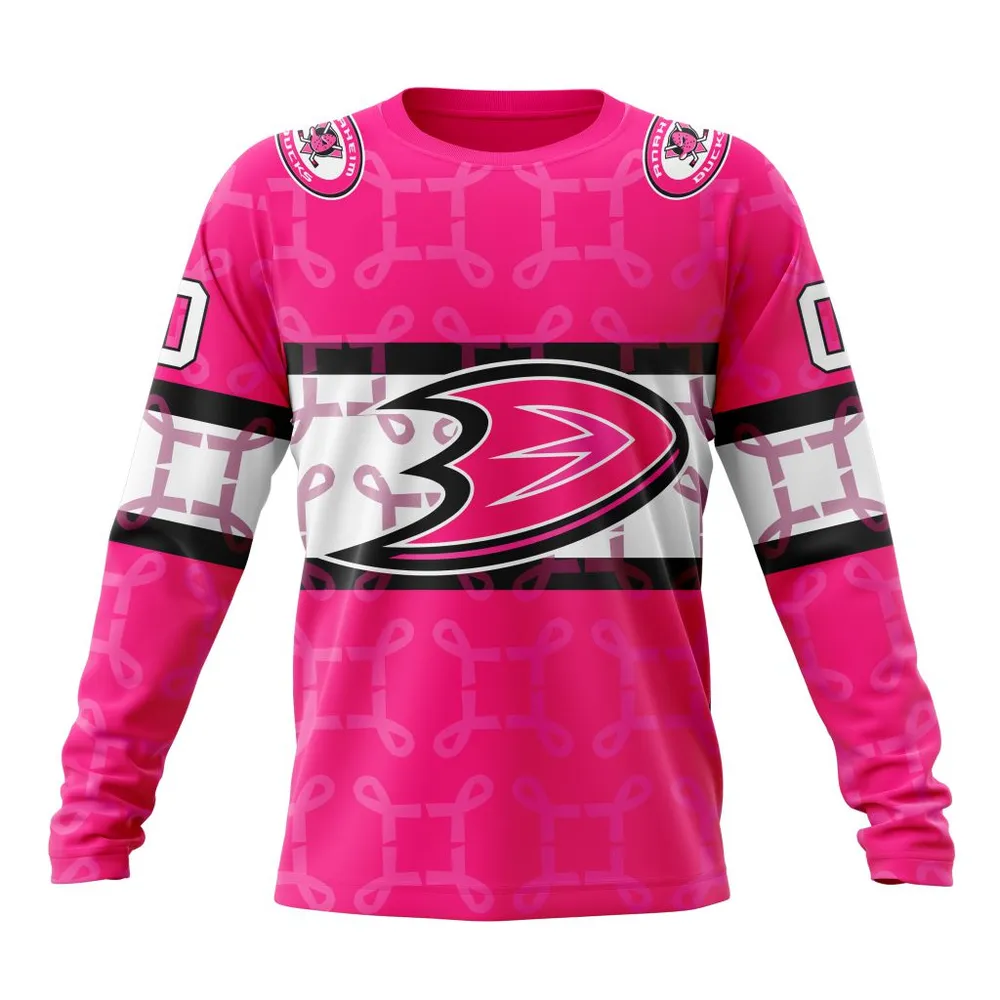 NHL Anaheim Ducks | Specialized Design I Pink I Can! In October We Wear Pink Breast Cancer Long Sleeved Sweatshirt 