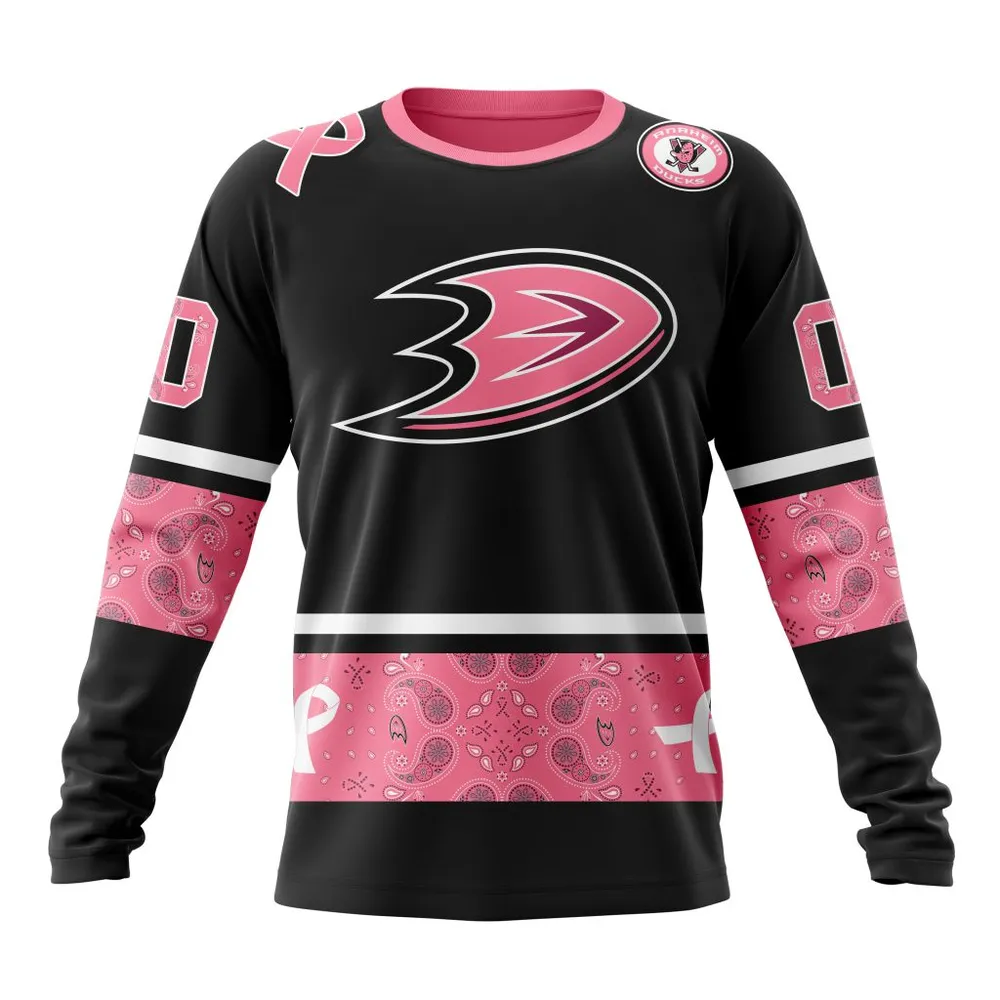 NHL Anaheim Ducks | Specialized Design In Classic Style With Paisley! In October We Wear Pink Breast Cancer Long Sleeved Sweatshirt 