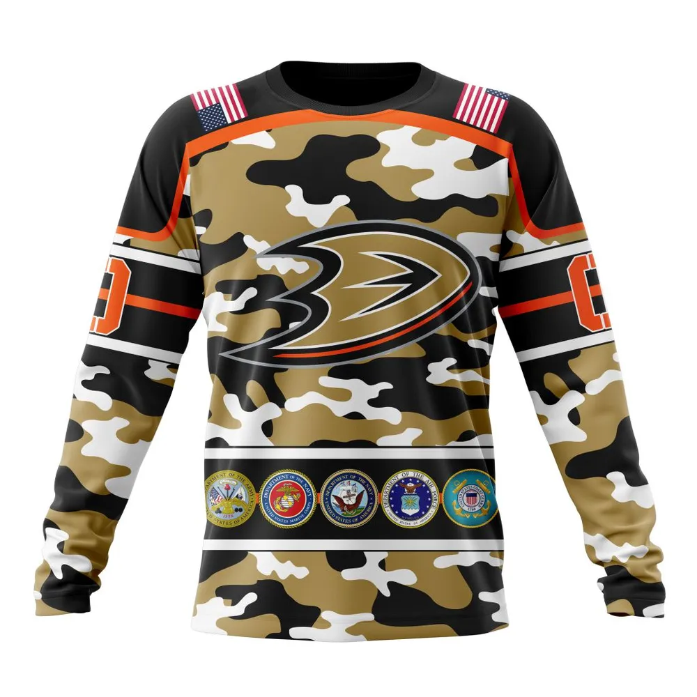 NHL Anaheim Ducks | Specialized Design Wih Camo Team Color And Military Force Logo Long Sleeved Sweatshirt 