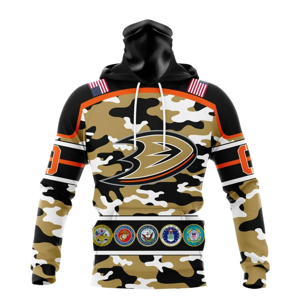 NHL Anaheim Ducks | Specialized Design Wih Camo Team Color And Military Force Logo Mask Hoodie