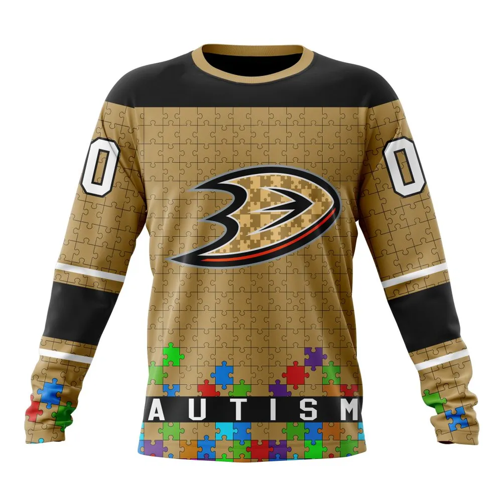 NHL Anaheim Ducks | Specialized Unisex Kits Hockey Fights Against Autism Long Sleeved Sweatshirt 