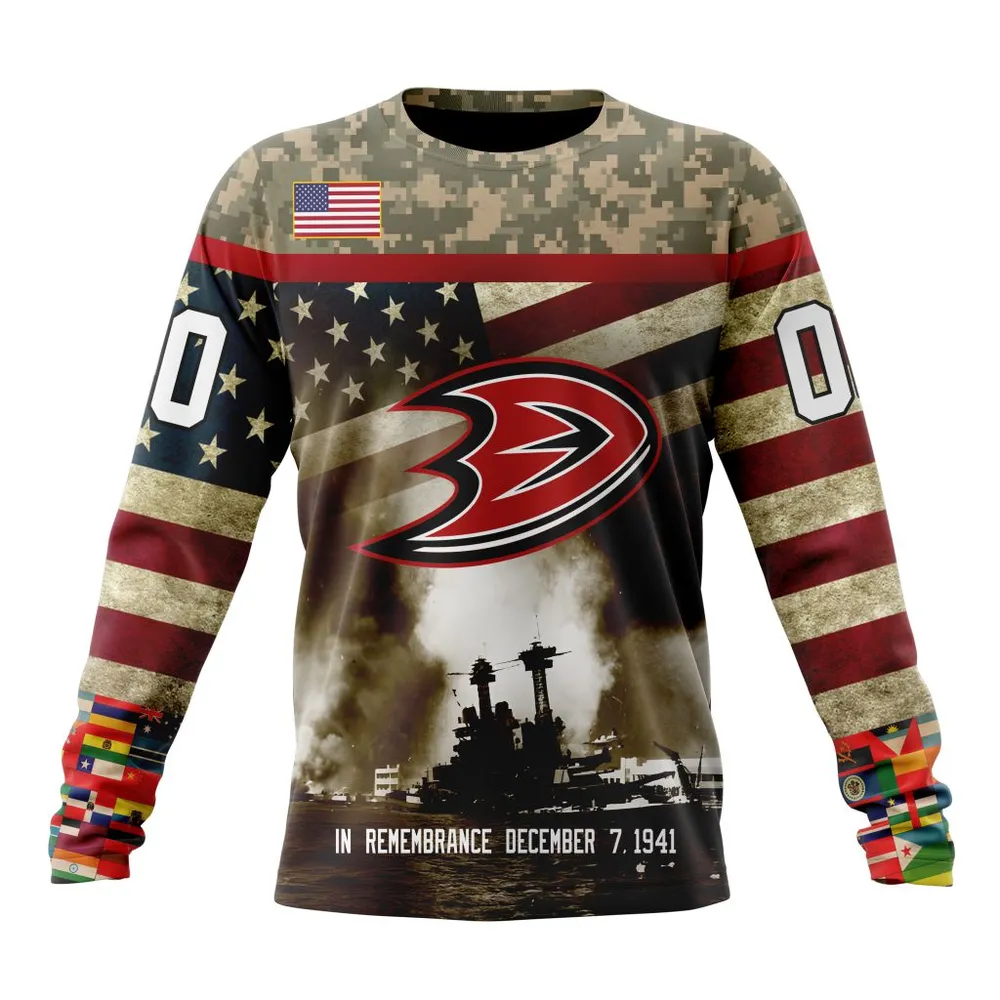 NHL Anaheim Ducks | Specialized Unisex Kits Remember Pearl Harbor Long Sleeved Sweatshirt 