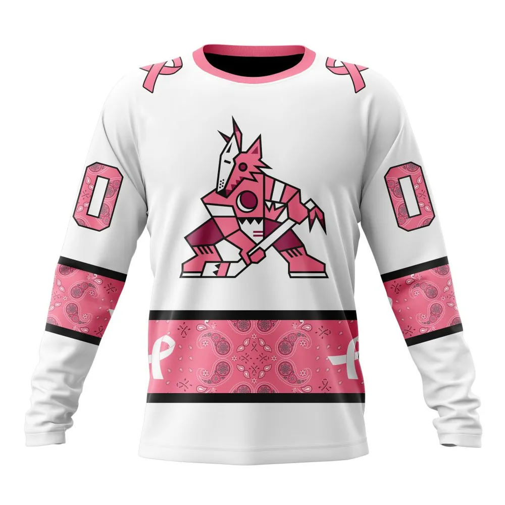 NHL Arizona Coyotes In Classic Style With Paisley! In October We Wear Pink Breast Cancer Long Sleeved Sweatshirt 