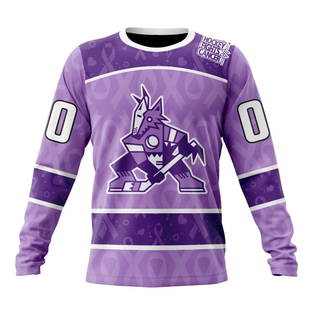 NHL Arizona Coyotes New Lavender Hockey Fight Cancer St2301 Long Sleeved Sweatshirt 