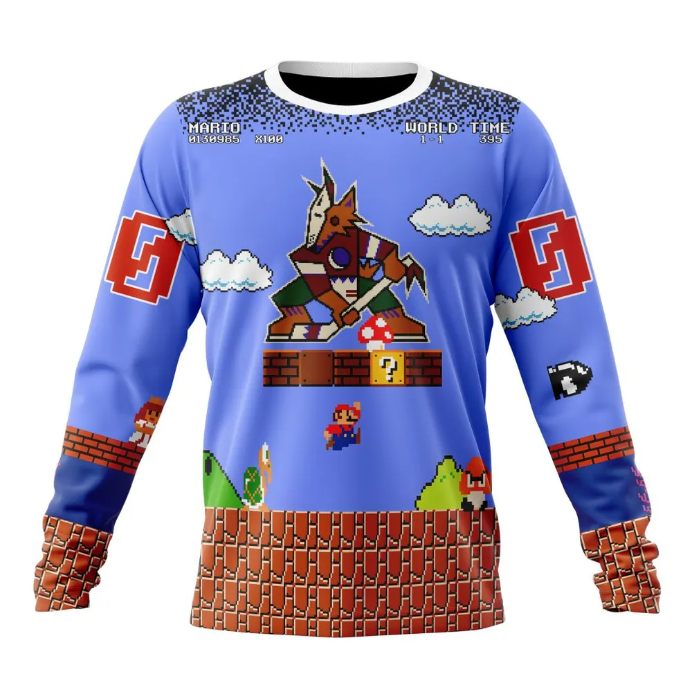 NHL Arizona Coyotes Special Kits With Super Mario Game Design Long Sleeved Sweatshirt 