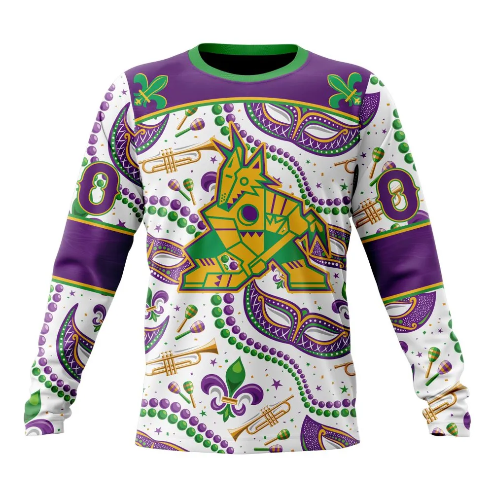 NHL Arizona Coyotes Special Mardi Gras Design St2401 Long Sleeved Sweatshirt 