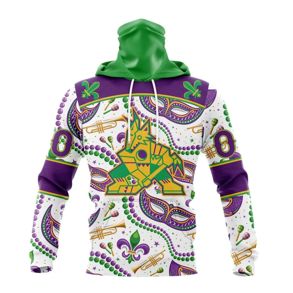 NHL Arizona Coyotes Special Mardi Gras Design St2401 Mask Hoodie