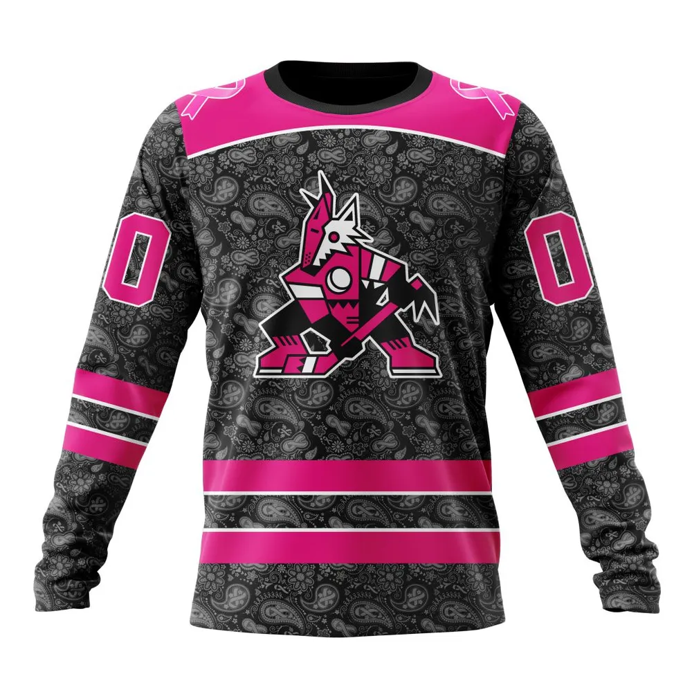 NHL Arizona Coyotes Special Pink In The Rink Fight Breast Cancer St2301 Long Sleeved Sweatshirt 