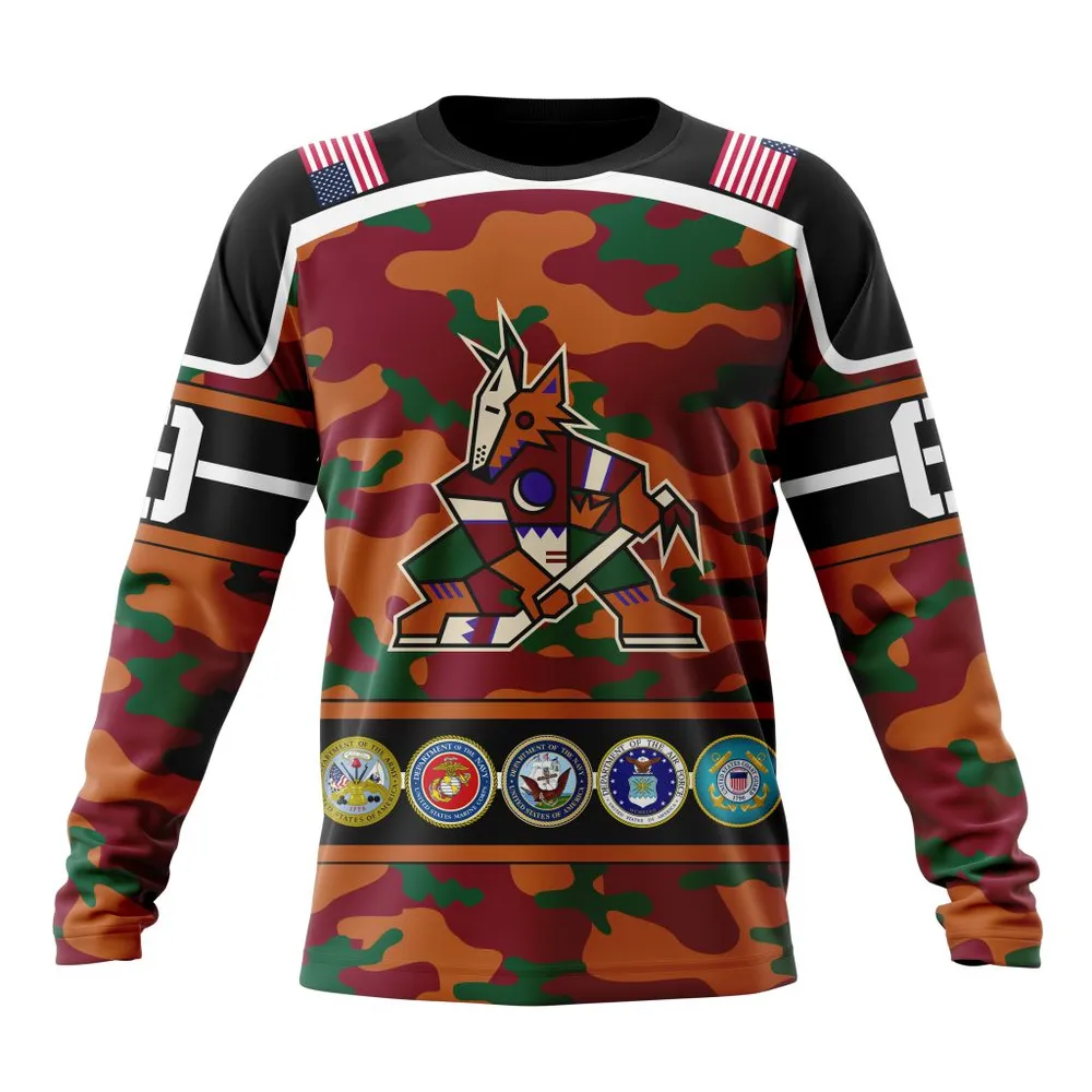 NHL Arizona Coyotes | Specialized Design Wih Camo Team Color And Military Force Logo Long Sleeved Sweatshirt 