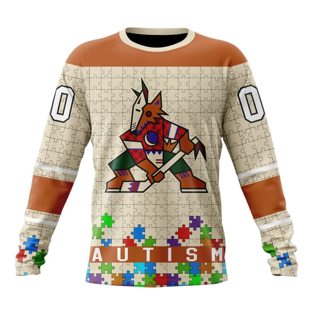 NHL Arizona Coyotes | Specialized Unisex Kits Hockey Fights Against Autism Long Sleeved Sweatshirt 