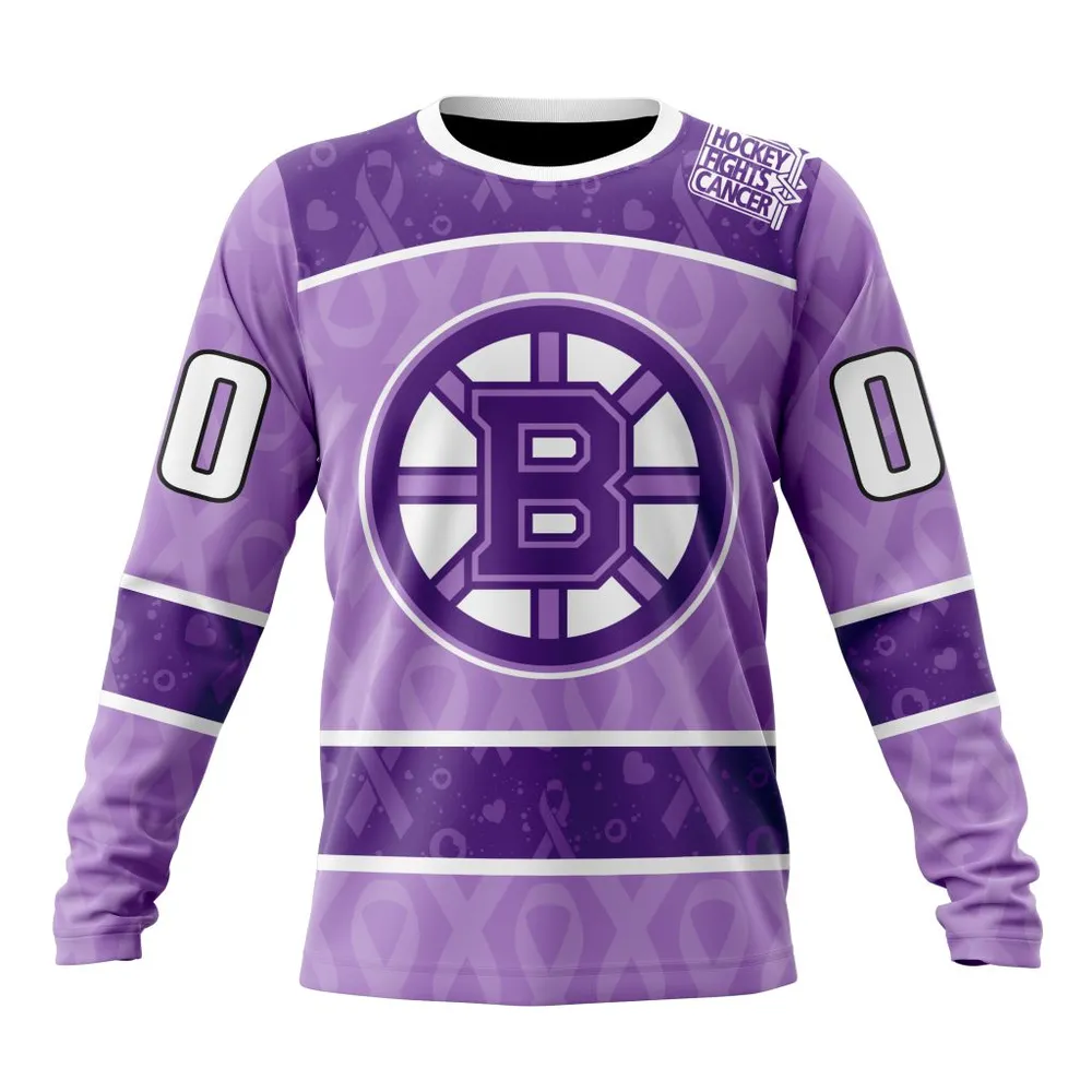 NHL Boston Bruins New Lavender Hockey Fight Cancer St2301 Long Sleeved Sweatshirt 