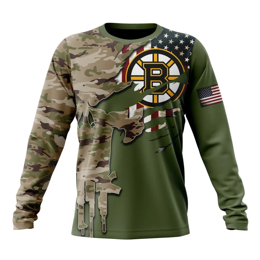 NHL Boston Bruins Special Camo Skull Design St2303 Long Sleeved Sweatshirt 