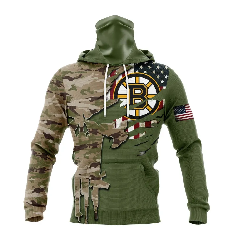 NHL Boston Bruins Special Camo Skull Design St2303 Mask Hoodie