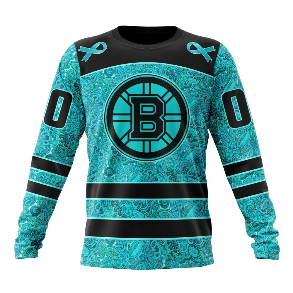 NHL Boston Bruins Special Design Fight Ovarian Cancer St2201 Long Sleeved Sweatshirt 