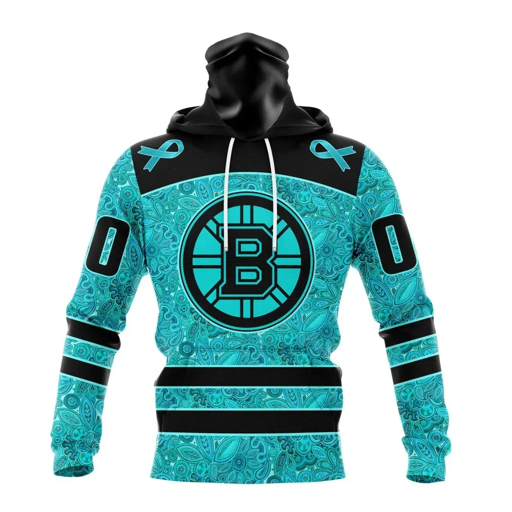 NHL Boston Bruins Special Design Fight Ovarian Cancer St2201 Mask Hoodie