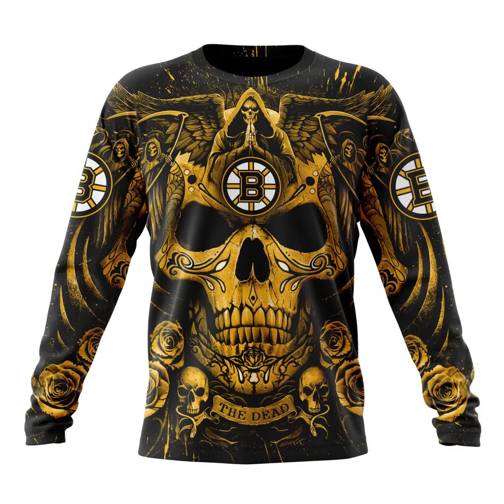 NHL Boston Bruins Special Design With Skull Art St2203 Long Sleeved Sweatshirt 