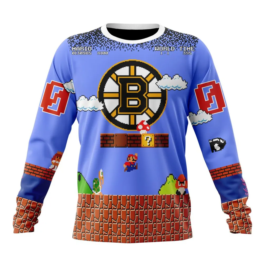 NHL Boston Bruins Special Kits With Super Mario Game Design Long Sleeved Sweatshirt 