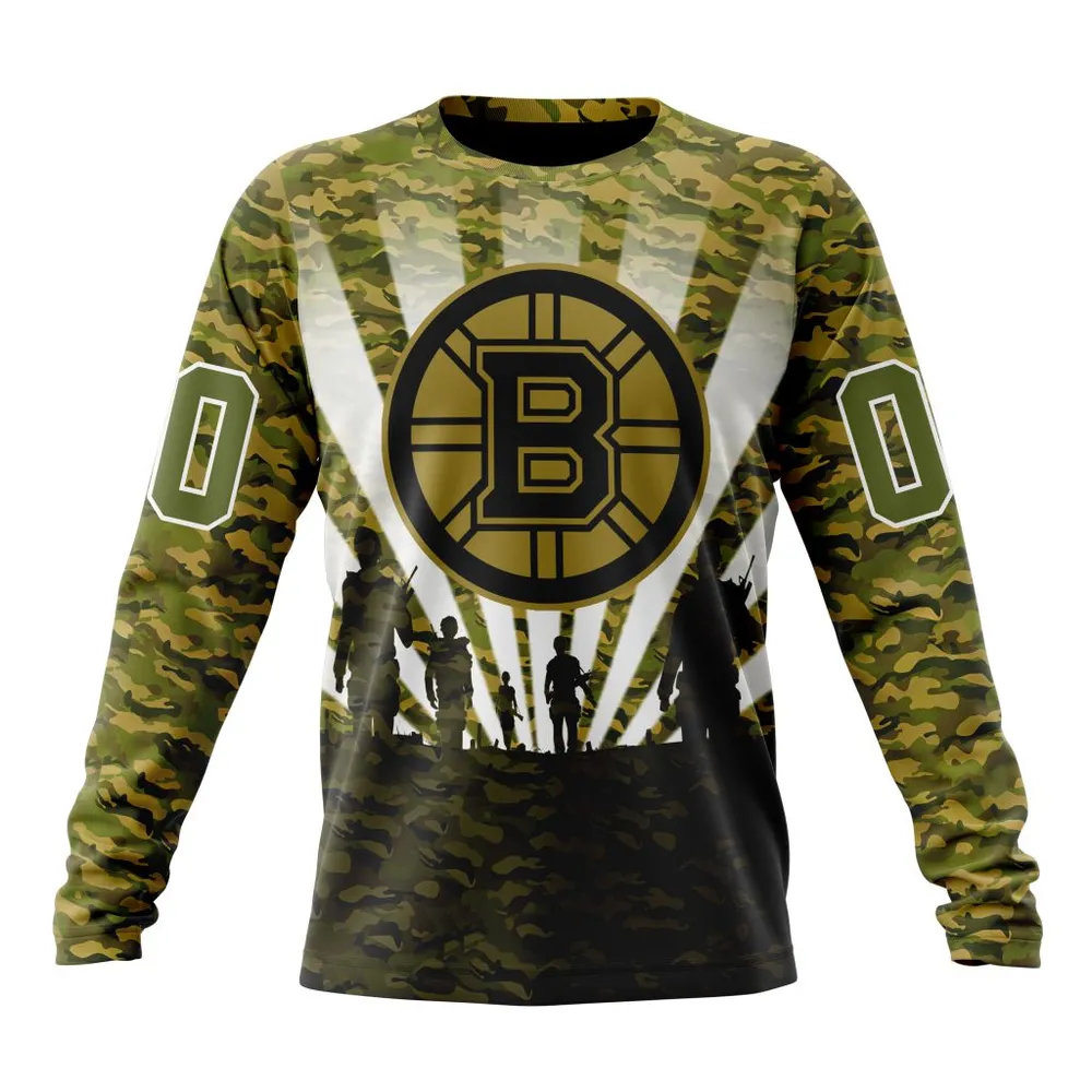 NHL Boston Bruins Special Military Camo Kits For Veterans Day And Rememberance Day St2201 Long Sleeved Sweatshirt 