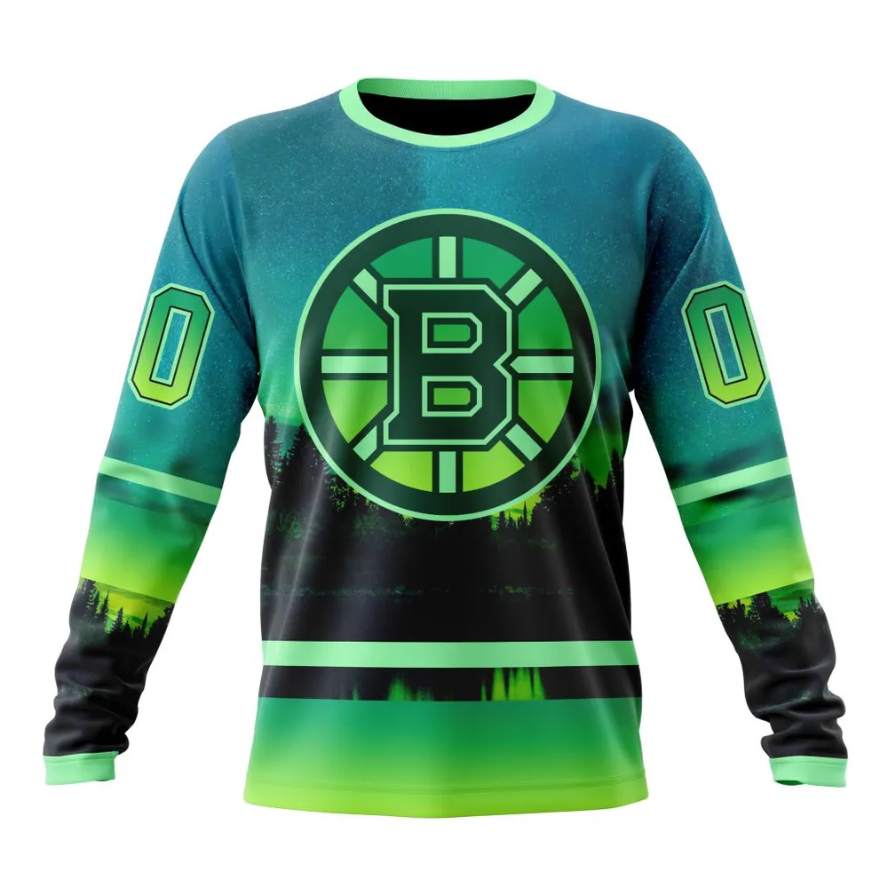 NHL Boston Bruins Special Northern Lights Design St2302 Long Sleeved Sweatshirt 