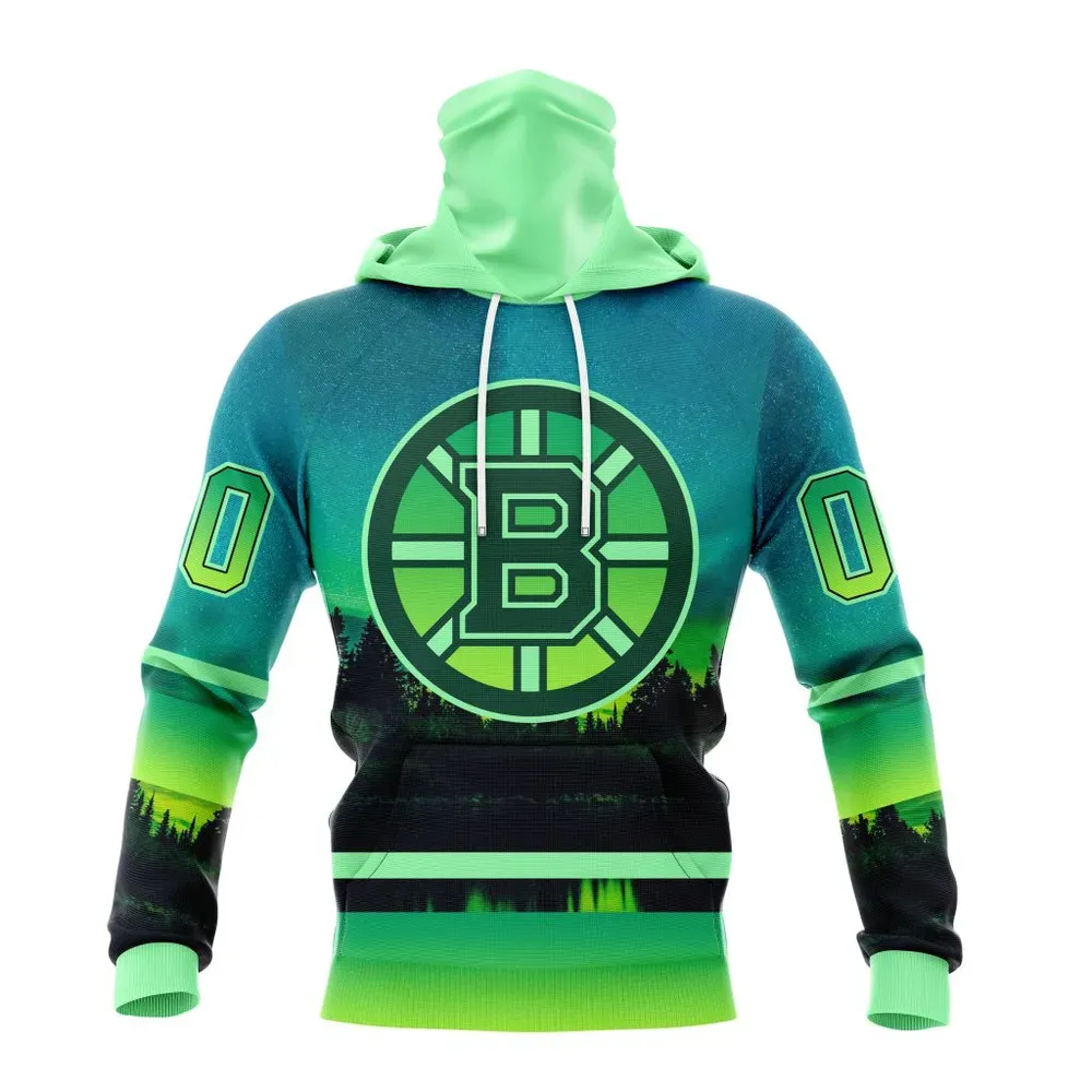 NHL Boston Bruins Special Northern Lights Design St2302 Mask Hoodie