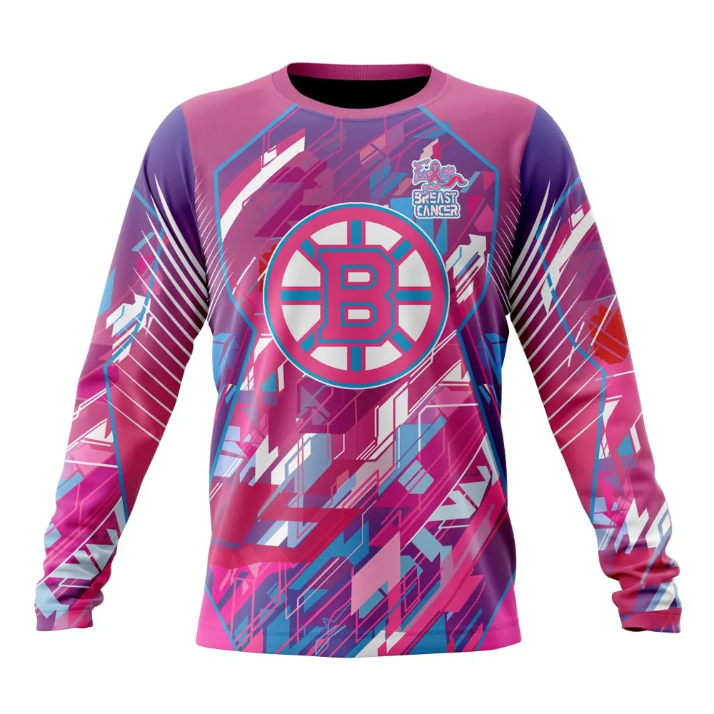 NHL Boston Bruins Specialized Design I Pink I Can! Fearless Again Breast Cancer Long Sleeved Sweatshirt 