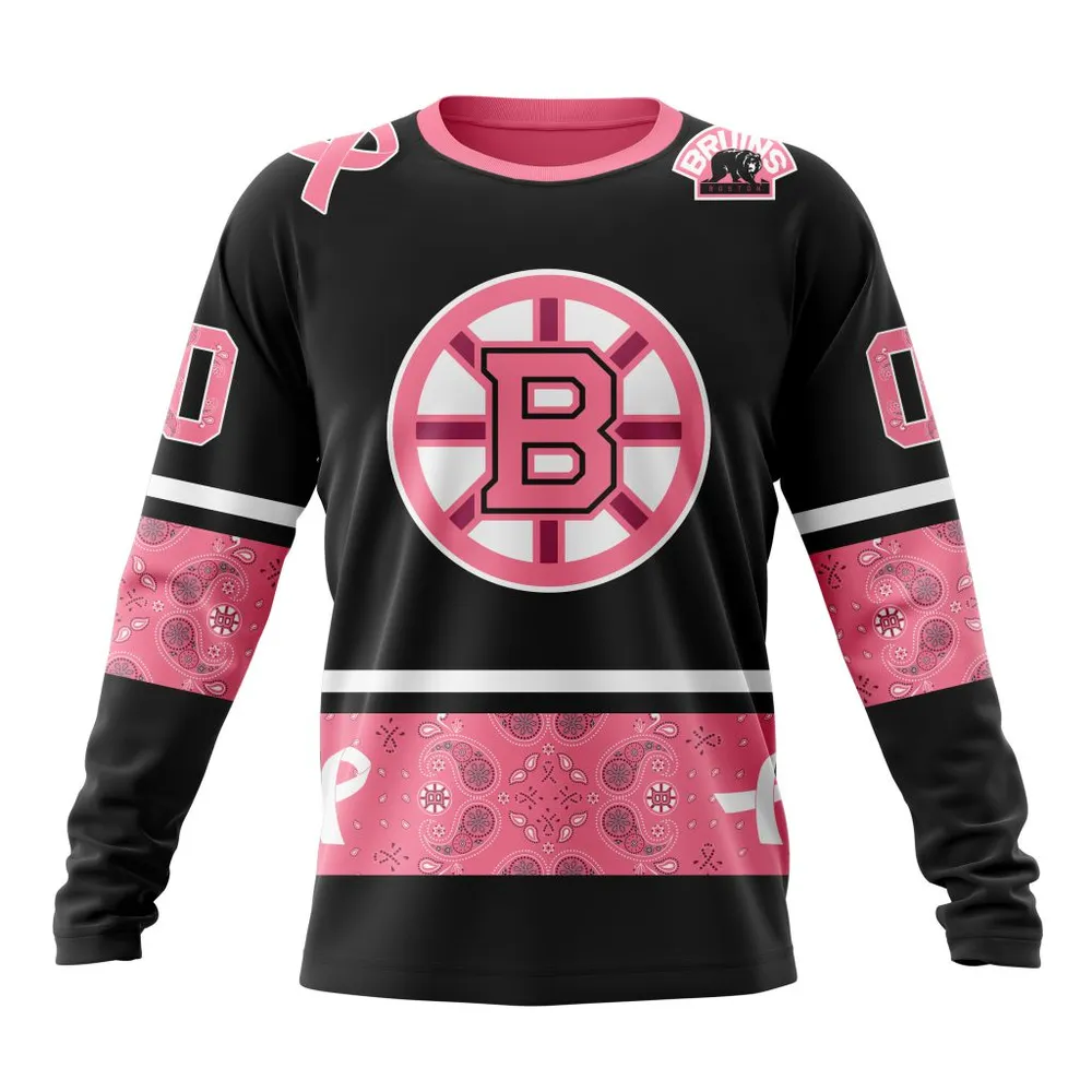 NHL Boston Bruins Specialized Design In Classic Style With Paisley! In October We Wear Pink Breast Cancer Long Sleeved Sweatshirt 