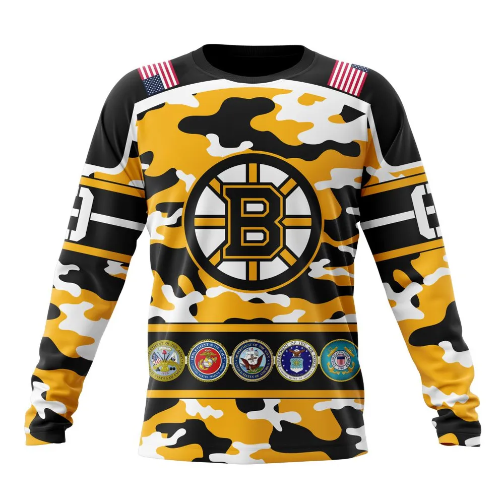 NHL Boston Bruins Specialized Design Wih Camo Team Color And Military Force Logo Long Sleeved Sweatshirt 