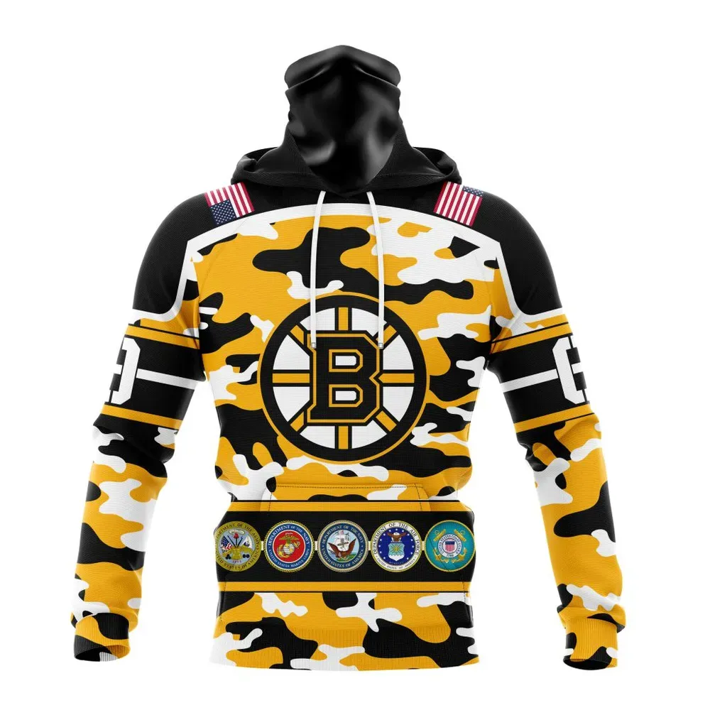 NHL Boston Bruins Specialized Design Wih Camo Team Color And Military Force Logo Mask Hoodie