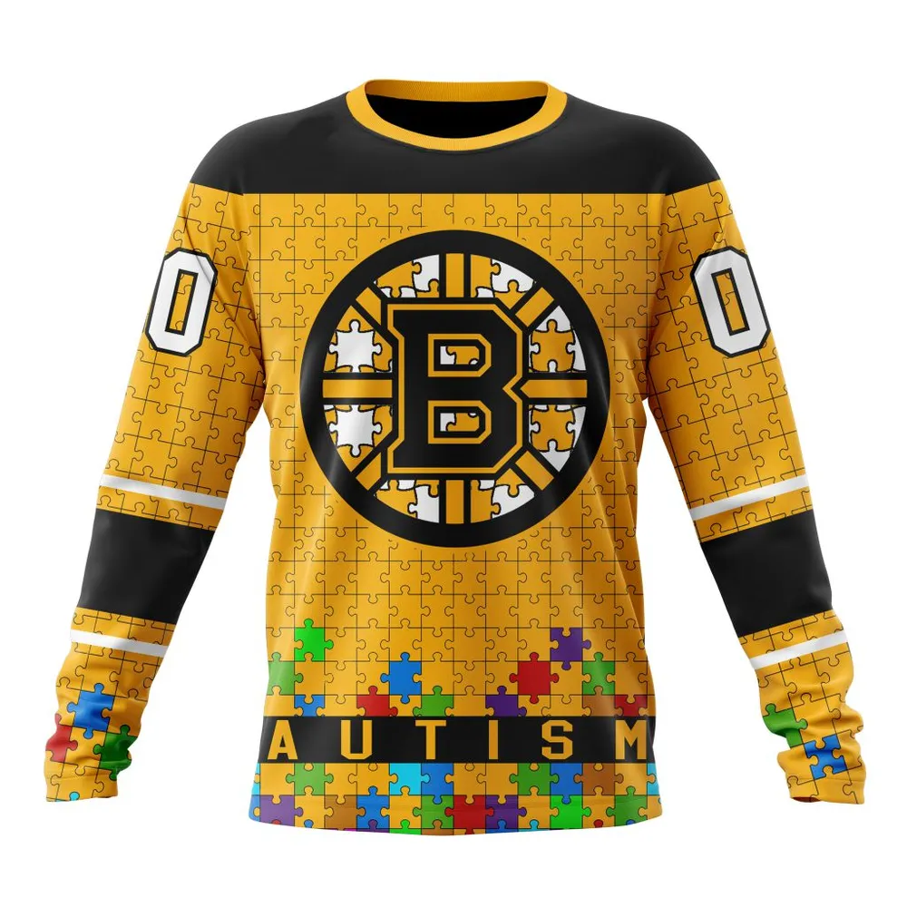 NHL Boston Bruins Specialized Unisex Kits Hockey Fights Against Autism Long Sleeved Sweatshirt 