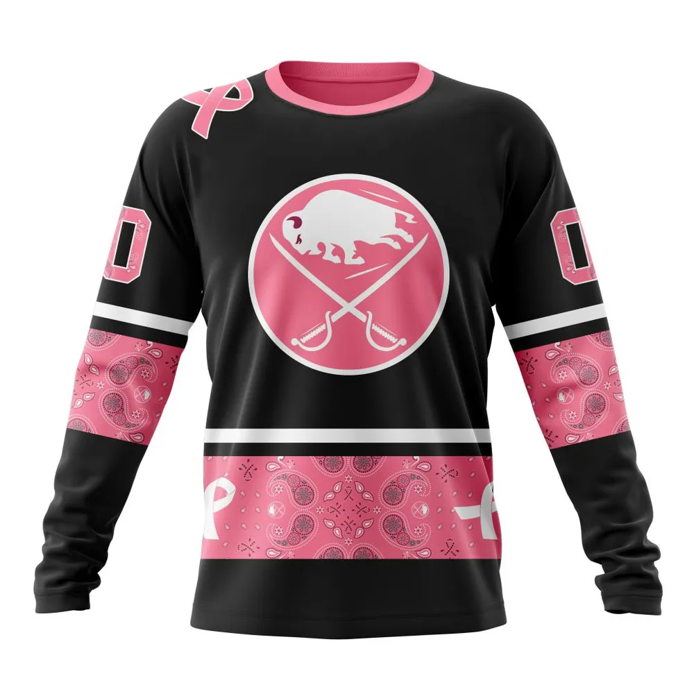 NHL Buffalo Sabres | Specialized Design In Classic Style With Paisley! In October We Wear Pink Breast Cancer Long Sleeved Sweatshirt 