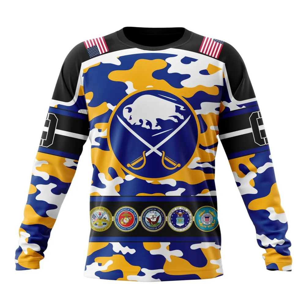 NHL Buffalo Sabres | Specialized Design Wih Camo Team Color And Military Force Logo Long Sleeved Sweatshirt 