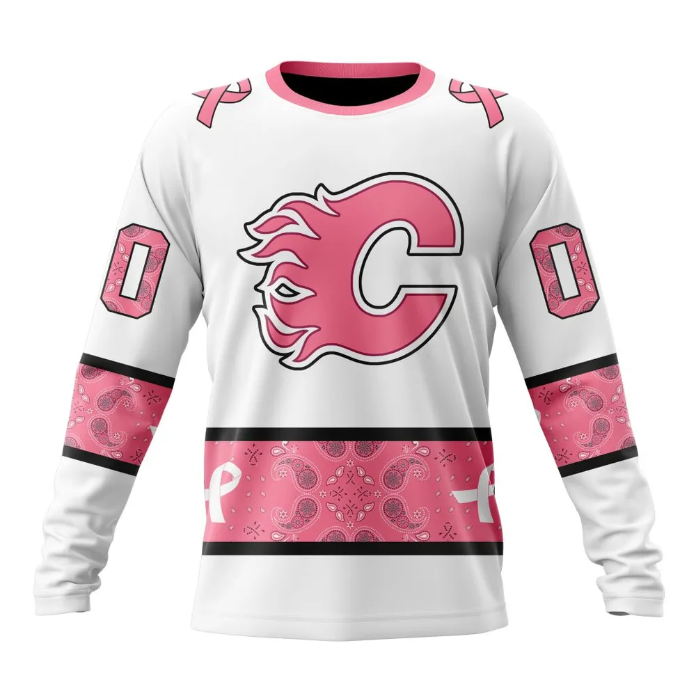 NHL Calgary Flames In Classic Style With Paisley! In October We Wear Pink Breast Cancer Long Sleeved Sweatshirt 