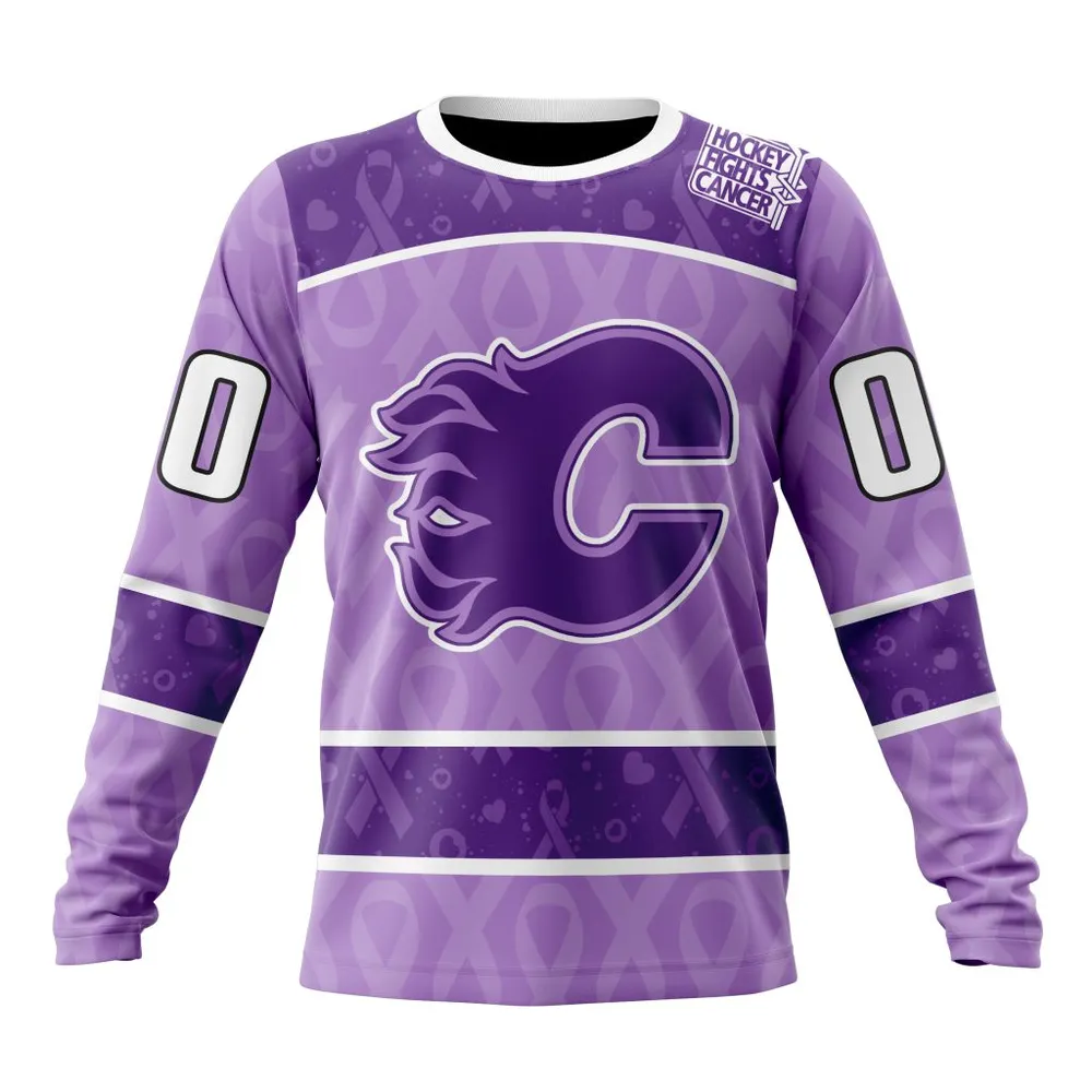 NHL Calgary Flames New Lavender Hockey Fight Cancer St2301 Long Sleeved Sweatshirt 